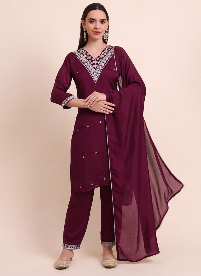 Silk Blend Wine Festival Wear Embroidery Work Readymade Kurti Set